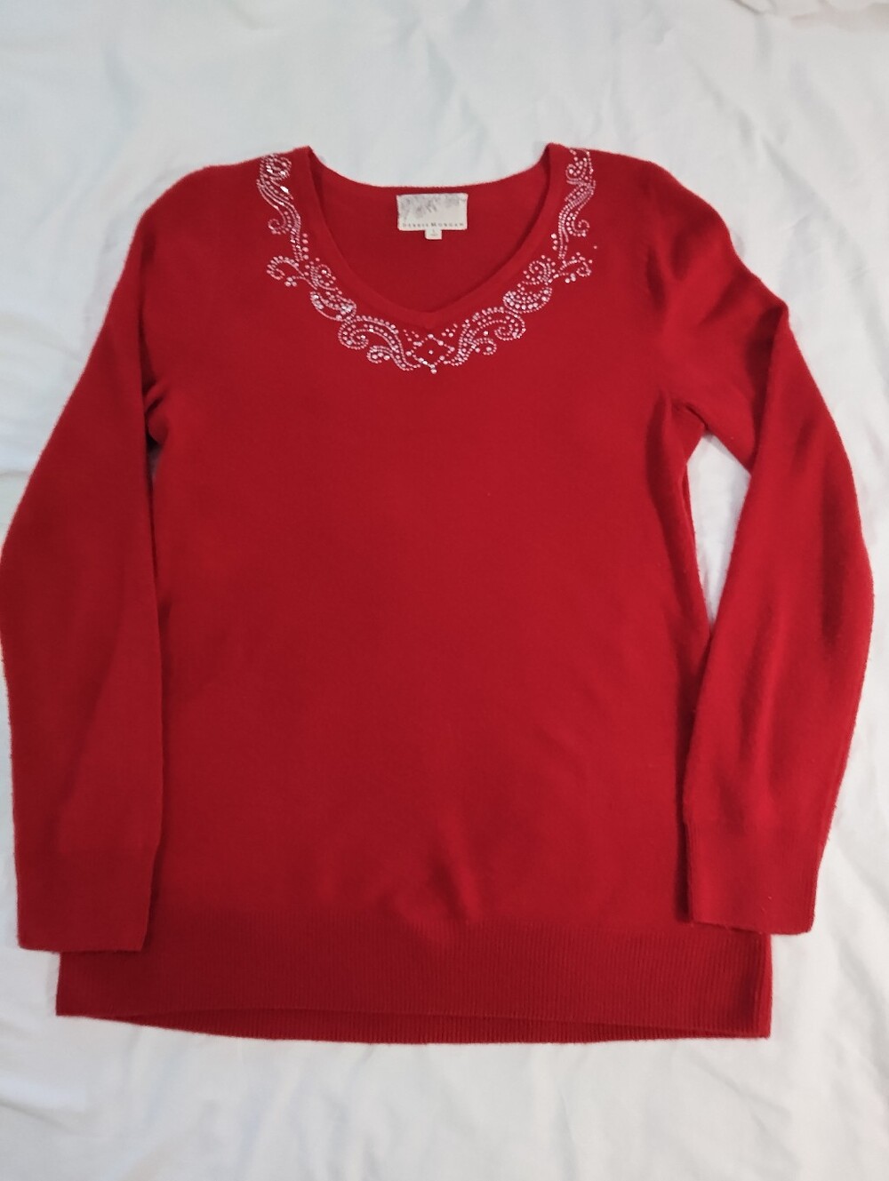 Debbie Morgan Red Rounded V-Neck Embellished Sweater, Size L